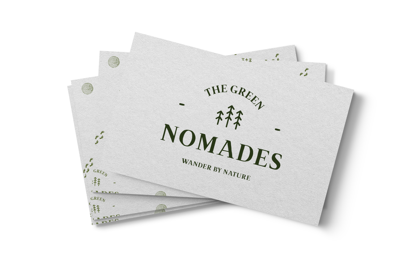 Logo en huisstijl voor The Green Nomades. Logo ontwerp voor een duurzaam merk. Merk illustraties. Patroon. Visite kaartjes.